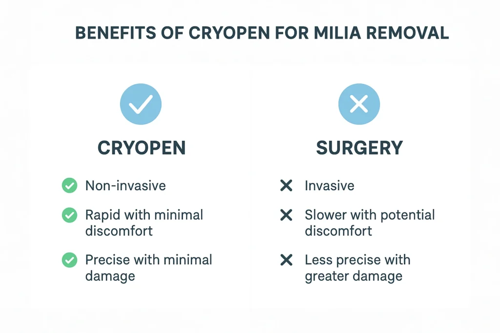 Benefits of cryopen for milia removal Avon compared to surgical treatments.