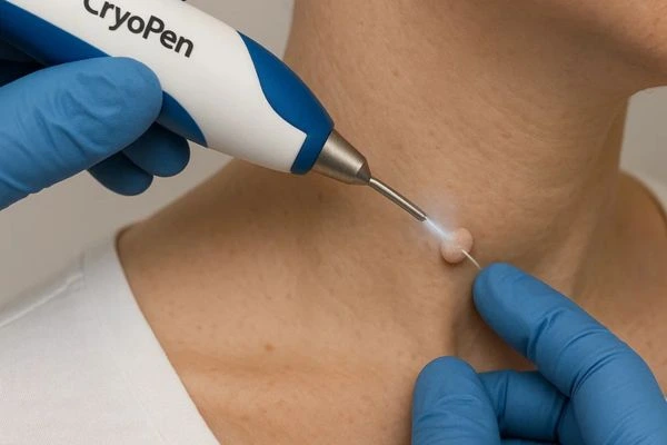 Person receiving cryotherapy Avon for skin tag removal
