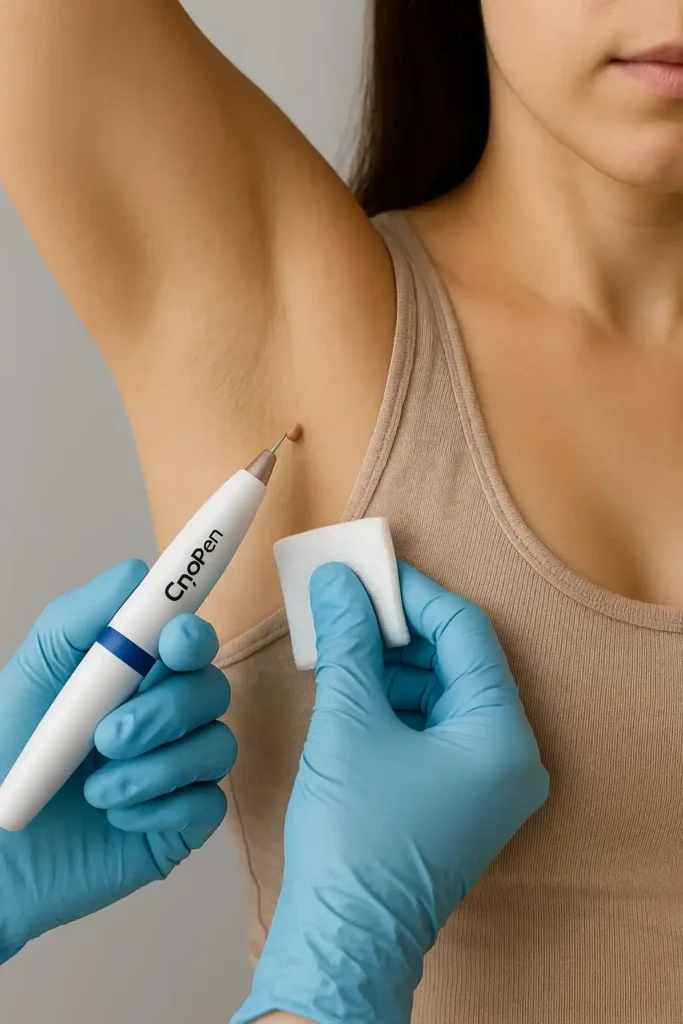 woman having cryopen to remove underarm skin tags Avon