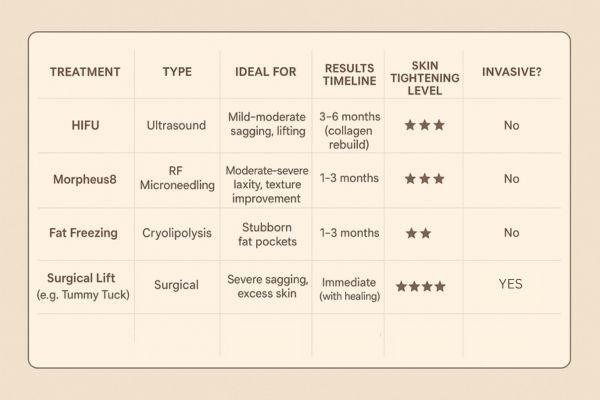 Table showing the comparisons of Skin tightening Avon treatment options.